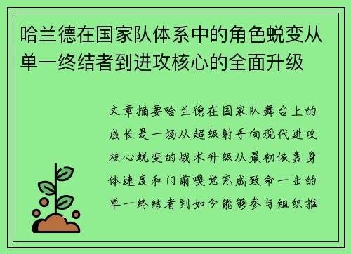 哈兰德在国家队体系中的角色蜕变从单一终结者到进攻核心的全面升级